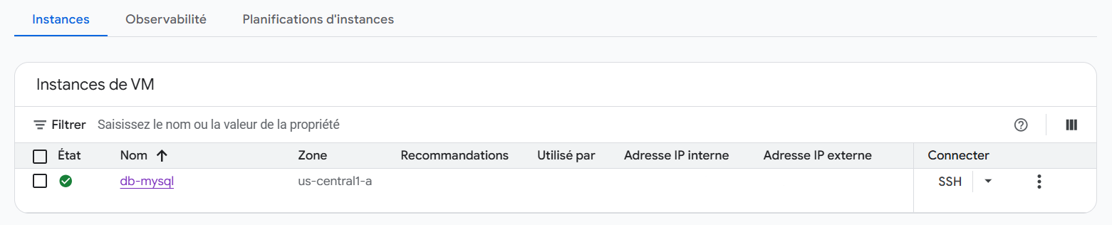 Instance de vm pour la base de données
