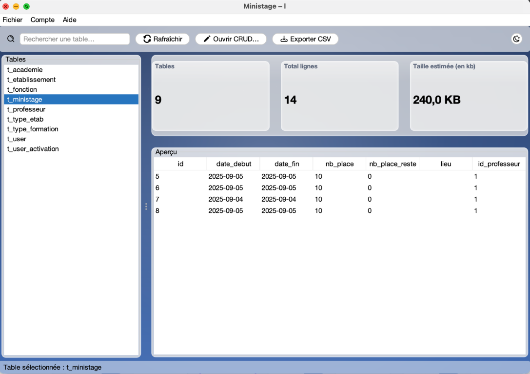 Aperçu de l'application Ministage