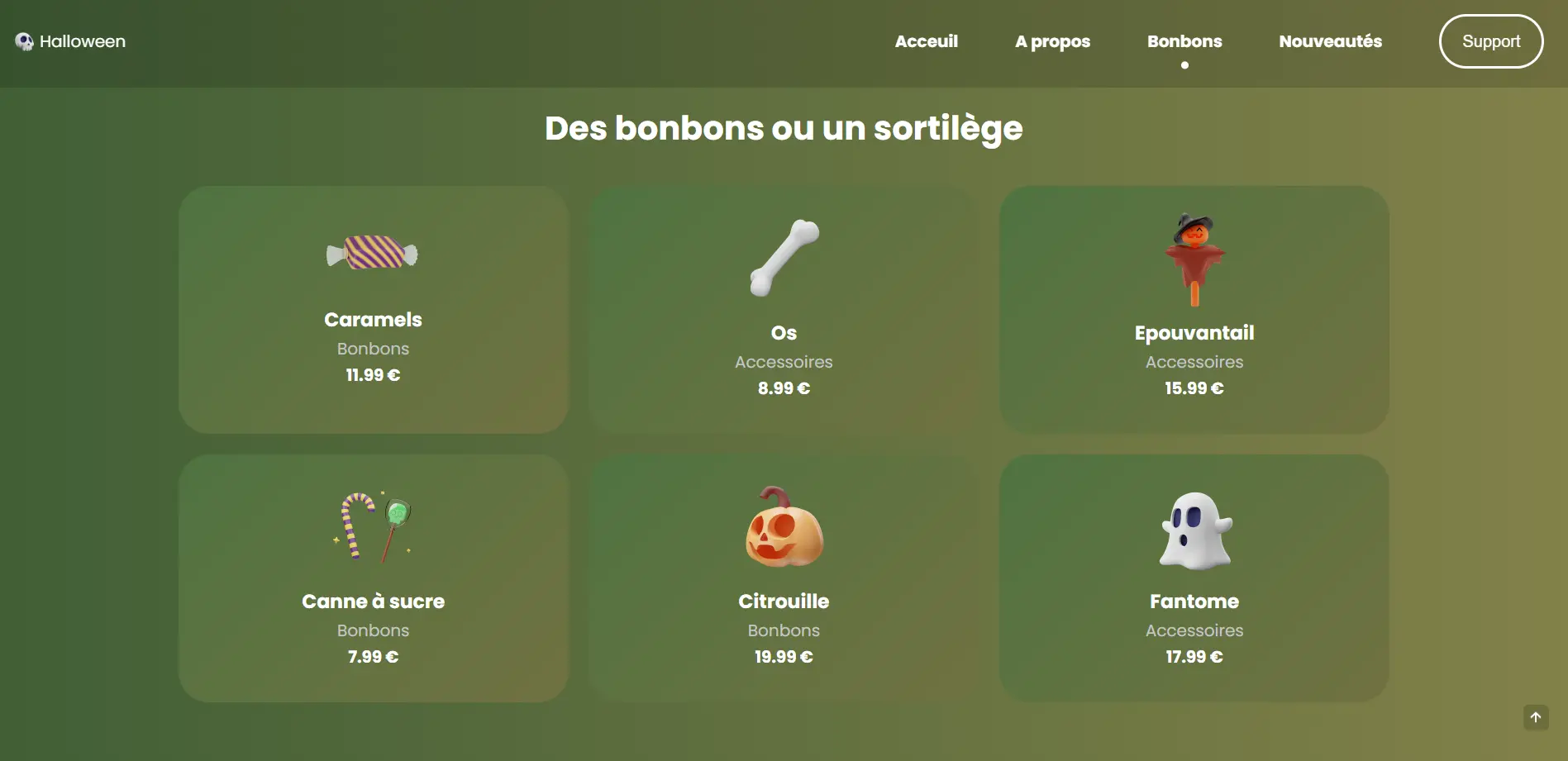 Différentes sections du site Halloween