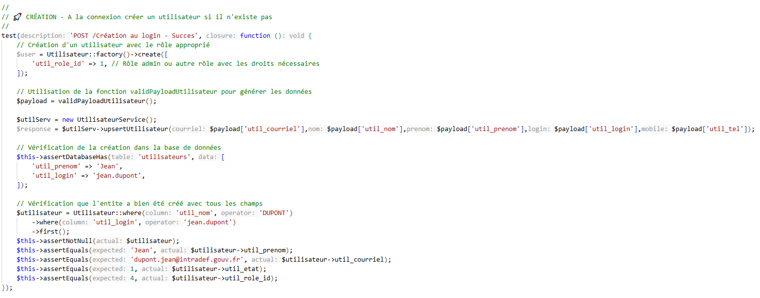 Test : Créer l'utilisateur à sa connexion
