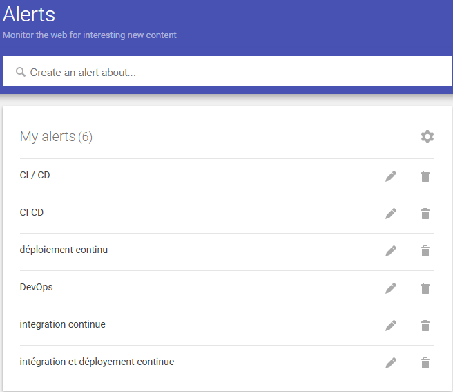 Exemple d'alertes Google Alerts sur le CI/CD